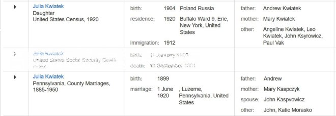 1920 Julia Kwiatek familysearch