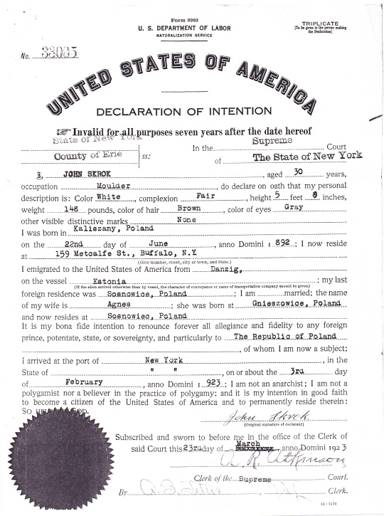 1923 John Skrok declaration