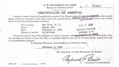 1930 John Skrok certif arrival