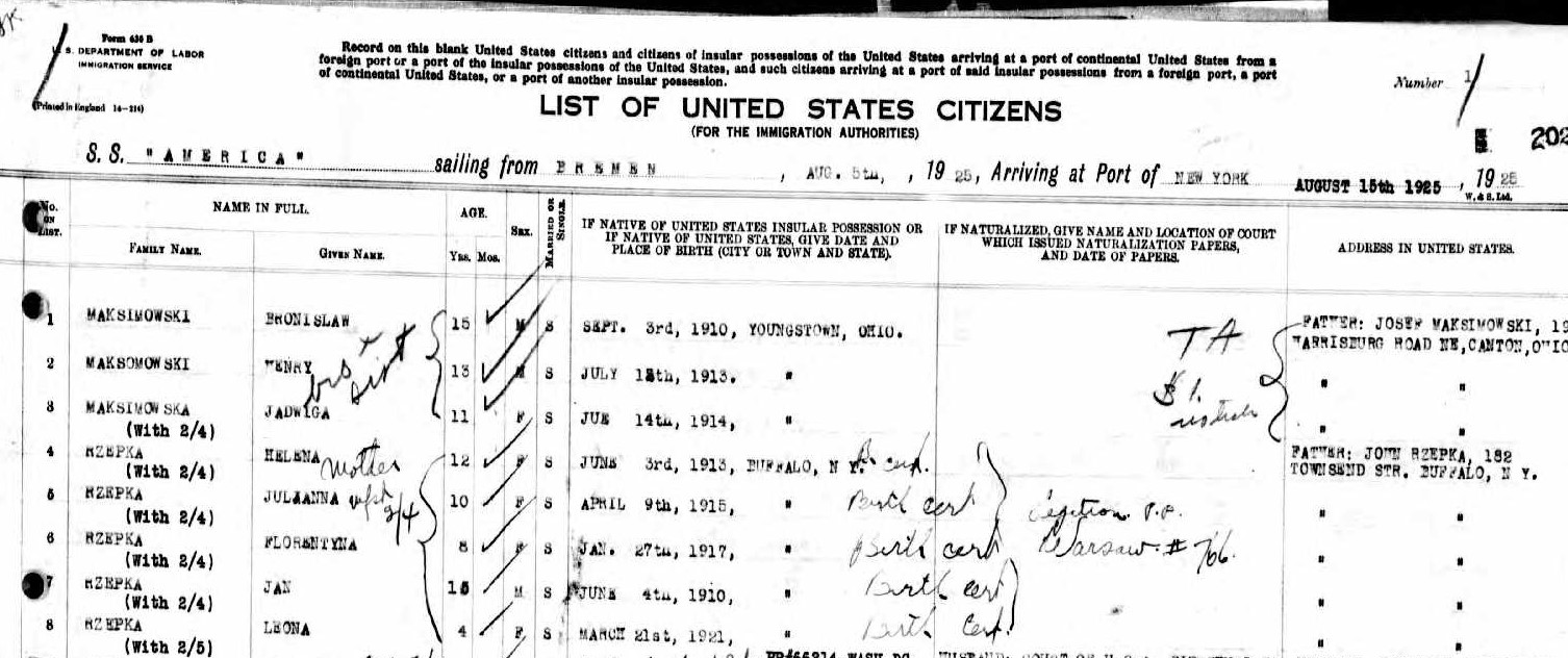 1925 Jan Rzepka children ship manifest cropped